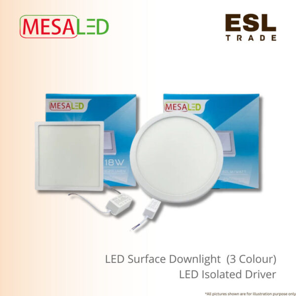 MESALED LED Surface Downlight 3-Color 12W 18W 24W - Round & Square Options with isolated led driver