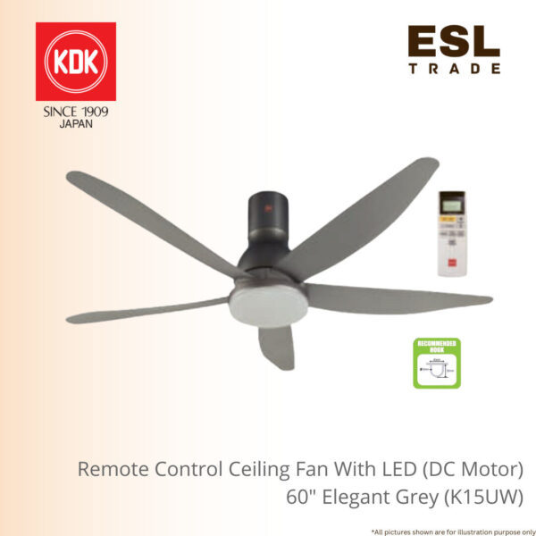 KDK Remote Control Ceiling Fan With LED (DC Motor) - 60" 5 Blade Elegant Grey - K15UW 5 Star Energy Rating