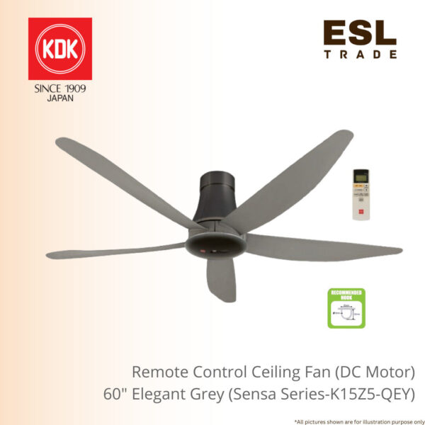 KDK Remote Control Ceiling Fan DC Motor Sensa Series 60" 5 Blade - Elegant Grey K15Z5-QEY 5 Star Energy Saving