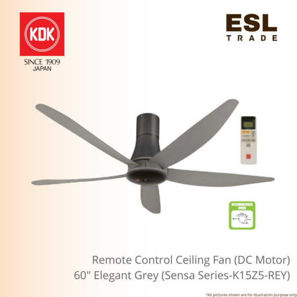 KDK Remote Control Ceiling Fan DC Motor Sensa Series 60" 5 Blade - Elegant Grey K15Z5-REY 5 Star Energy Saving
