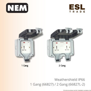 NEM Weathershield IP66 13 AMP Universal Switched Socket Outlet 1 Gang 2 Gang - 66827 66827L-2